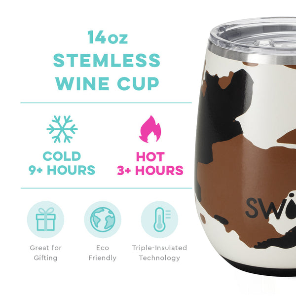 Swig Life 14oz Hayride Cow Print Stemless Wine Cup temperature infographic - cold 9+ hours or hot 3+ hours