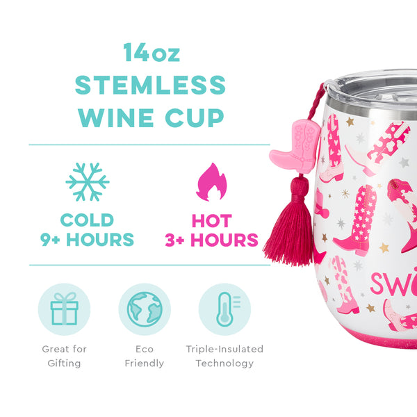 Swig Life 14oz Let's Go Girls Stemless Wine Cup temperature infographic - cold 9+ hours or hot 3+ hours