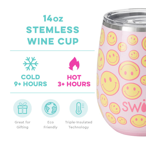 Swig Life 14oz Oh Happy Day Stemless Wine Cup temperature infographic - cold 9+ hours or hot 3+ hours