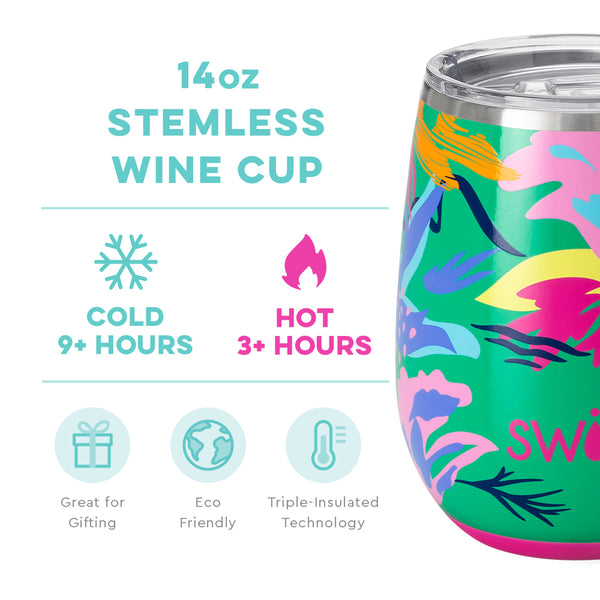 Swig Life 14oz Paradise Stemless Wine Cup temperature infographic - cold 9+ hours or hot 3+ hours