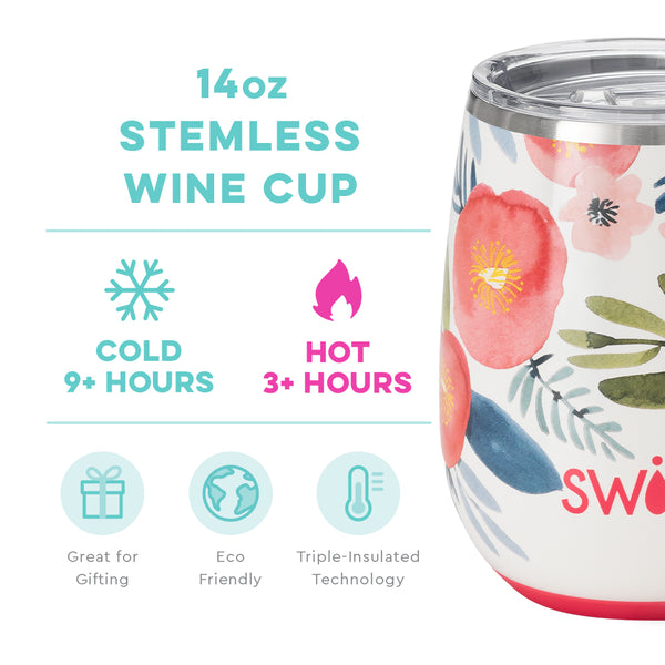 Swig Life 14oz Poppy Fields Stemless Wine Cup temperature infographic - cold 9+ hours or hot 3+ hours