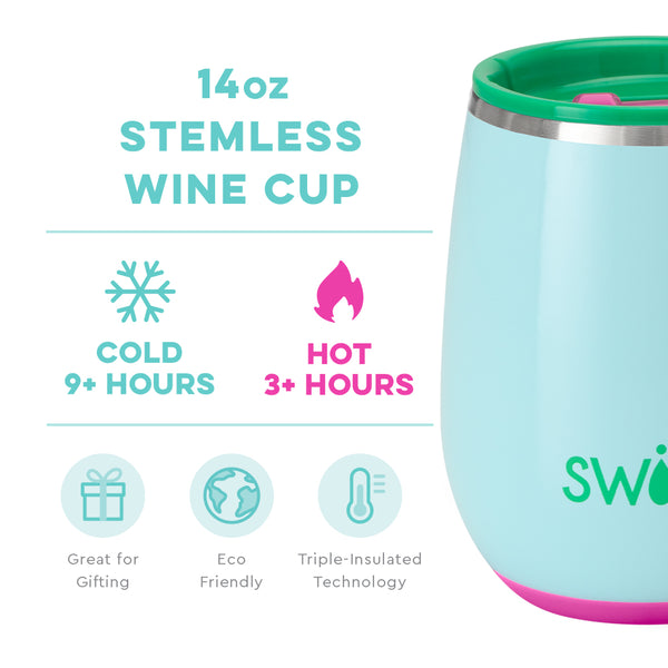 Swig Life 14oz Prep Rally Stemless Wine Cup temperature infographic - cold 9+ hours or hot 3+ hours