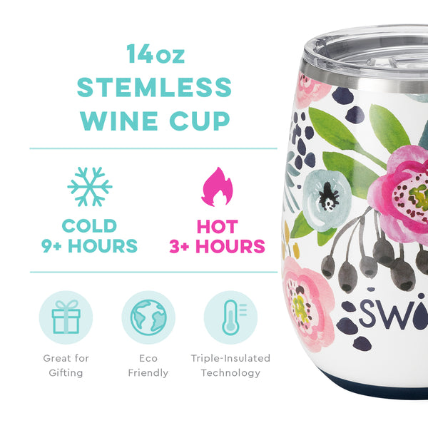 Swig Life 14oz Primrose Stemless Wine Cup temperature infographic - cold 9+ hours or hot 3+ hours