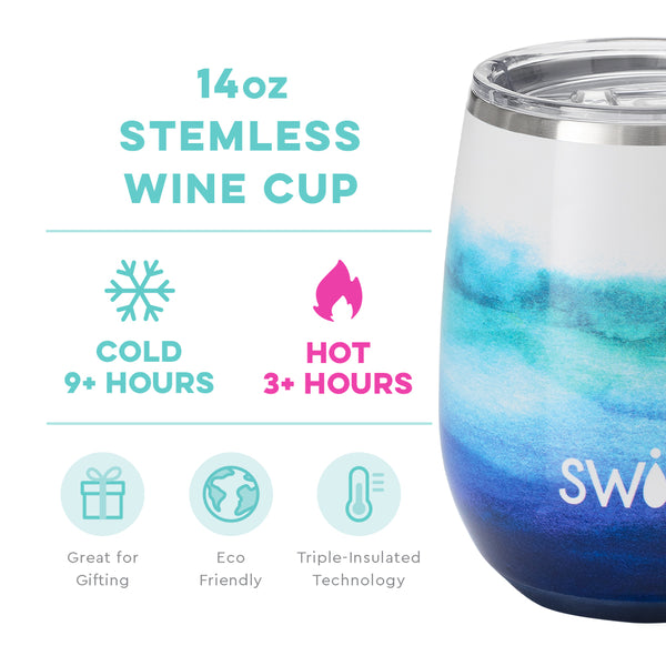 Swig Life 14oz Sapphire Stemless Wine Cup temperature infographic - cold 9+ hours or hot 3+ hours
