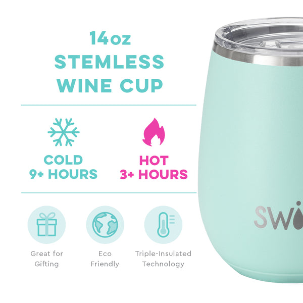 Swig Life 14oz Sea Glass Stemless Wine Cup temperature infographic - cold 9+ hours or hot 3+ hours