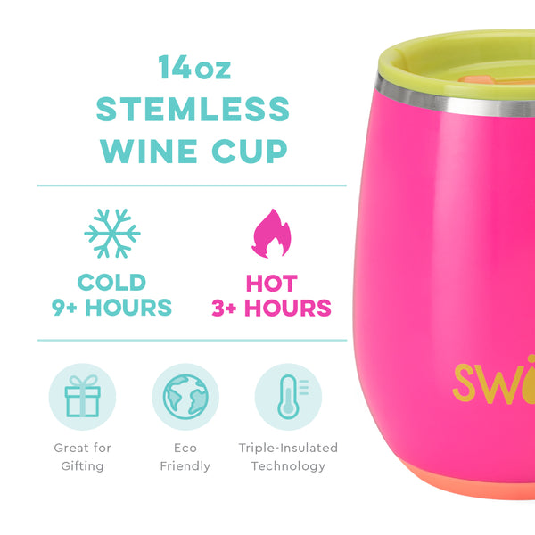 Swig Life 14oz Tutti Frutti Stemless Wine Cup temperature infographic - cold 9+ hours or hot 3+ hours