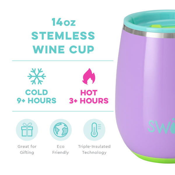 Swig Life 14oz Ultra Violet Stemless Wine Cup temperature infographic - cold 9+ hours or hot 3+ hours