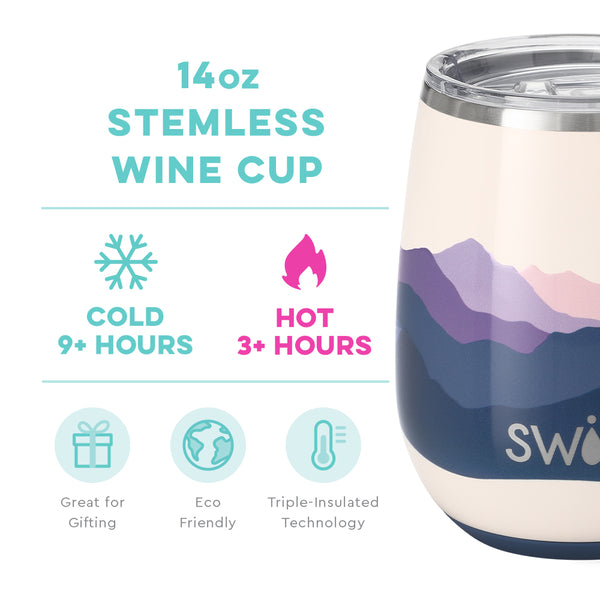 Swig Life 14oz Moon Shine Stemless Wine Cup temperature infographic - cold 9+ hours or hot 3+ hours