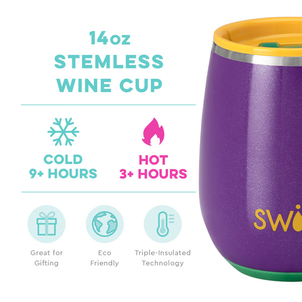 Swig Life 14oz Pardi Gras Stemless Wine Cup temperature infographic - cold 9+ hours or hot 3+ hours