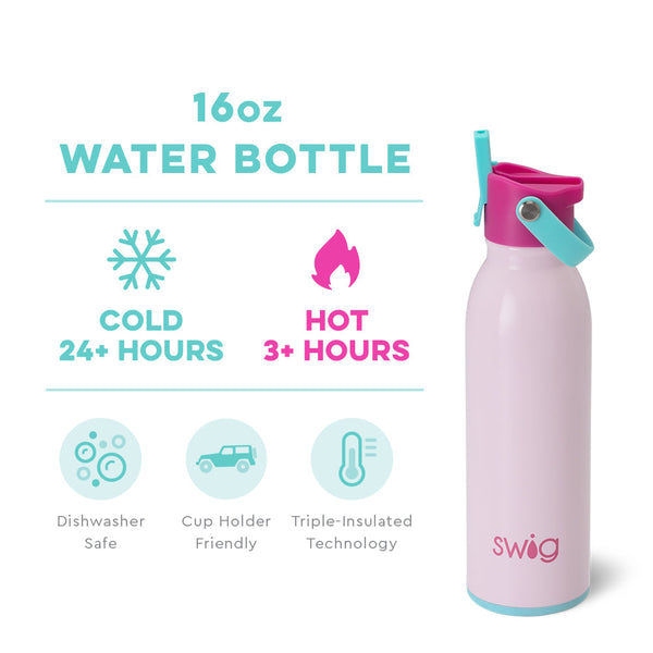 Swig Life 16oz Cotton Candy Insulated Flip + Sip Cap Water Bottle temperature infographic - cold 24+ hours or hot 3+ hours