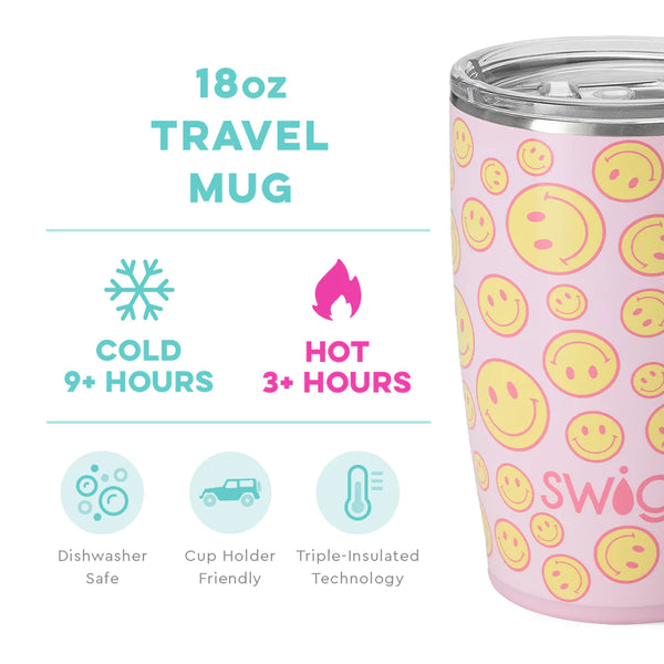 Swig Life 18oz Oh Happy Day Travel Mug temperature infographic - cold 9+ hours or hot 3+ hours