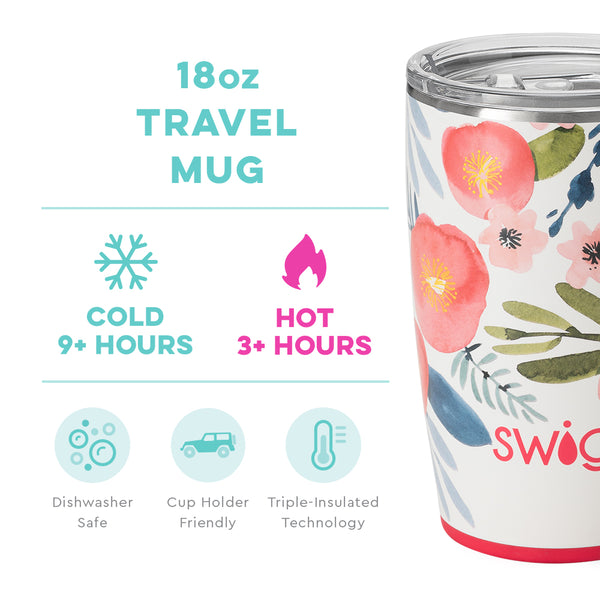 Swig Life 18oz Poppy Fields Travel Mug temperature infographic - cold 9+ hours or hot 3+ hours
