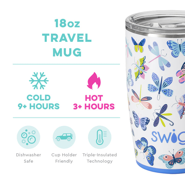 Swig Life 18oz Butterfly Bliss Travel Mug temperature infographic - cold 9+ hours or hot 3+ hours