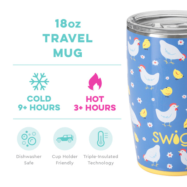 Swig Life 18oz Chicks Dig It Travel Mug temperature infographic - cold 9+ hours or hot 3+ hours