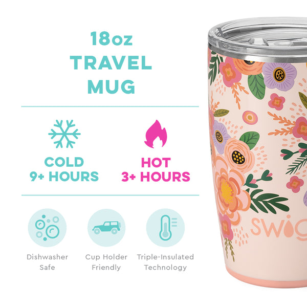 Swig Life 18oz Full Bloom Travel Mug temperature infographic - cold 9+ hours or hot 3+ hours