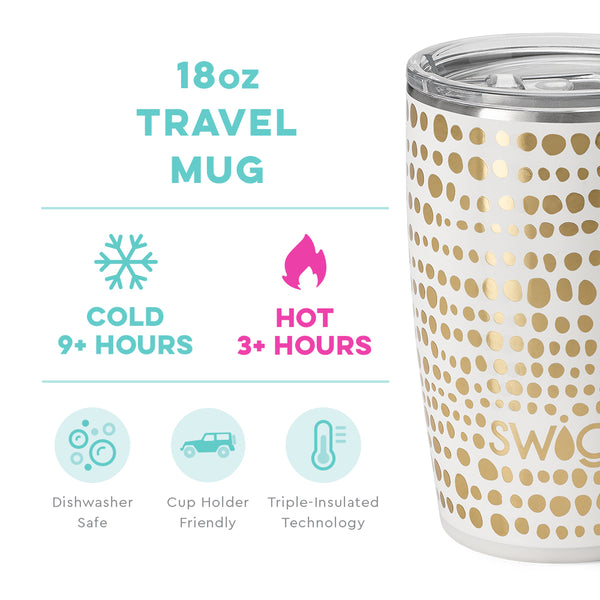 Swig Life 18oz Glamazon Gold Travel Mug temperature infographic - cold 9+ hours or hot 3+ hours