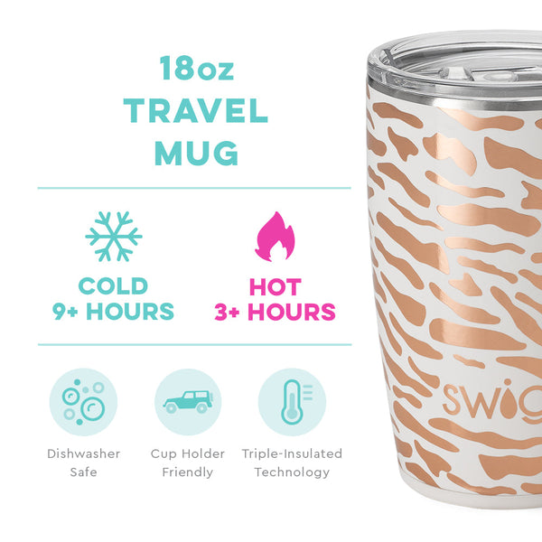 Swig Life 18oz Glamazon Rose Travel Mug temperature infographic - cold 9+ hours or hot 3+ hours