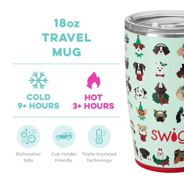 Swig Life 18oz Happy Howlidays Travel Mug temperature infographic - cold 9+ hours or hot 3+ hours