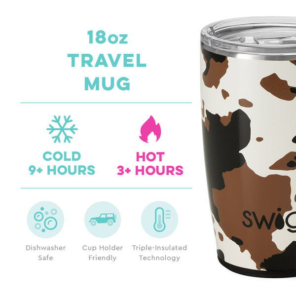 Swig Life 18oz Hayride Cow Print Travel Mug temperature infographic - cold 9+ hours or hot 3+ hours