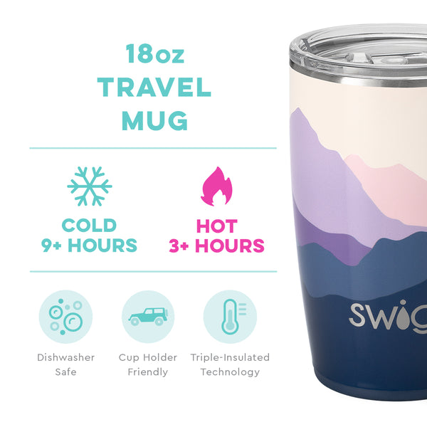Swig Life 18oz Moon Shine Travel Mug temperature infographic - cold 9+ hours or hot 3+ hours