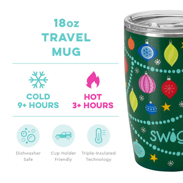 Swig Life 18oz O Christmas Tree Travel Mug temperature infographic - cold 9+ hours or hot 3+ hours