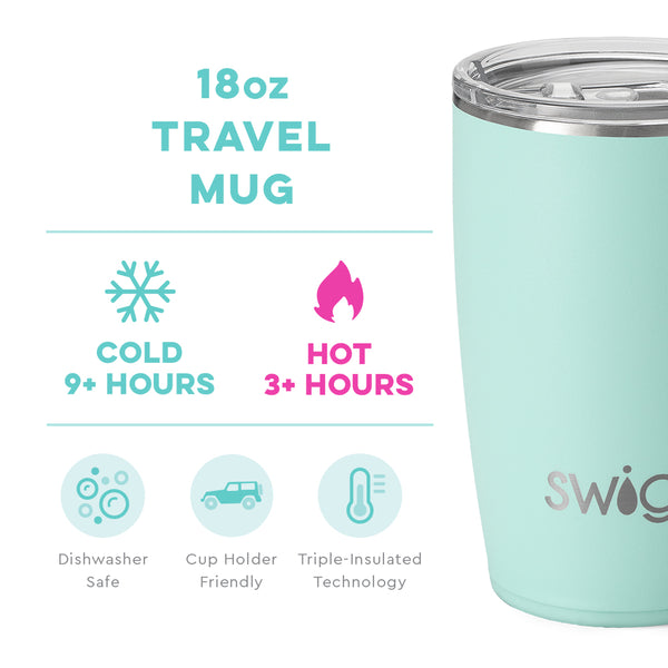 Swig Life 18oz Sea Glass Travel Mug temperature infographic - cold 9+ hours or hot 3+ hours