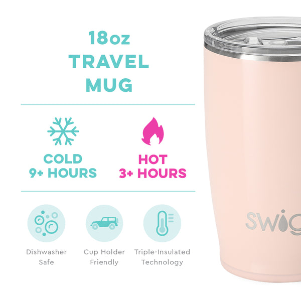 Swig Life 18oz Shimmer Ballet Travel Mug temperature infographic - cold 9+ hours or hot 3+ hours
