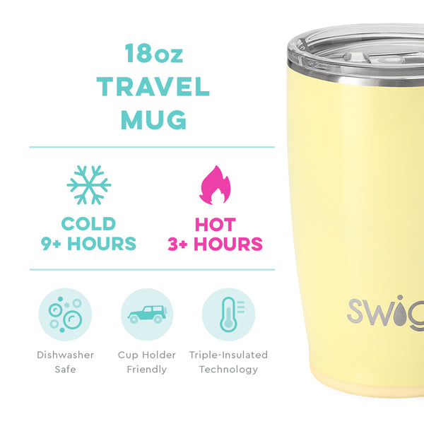 Swig Life 18oz Shimmer Buttercup  Travel Mug temperature infographic - cold 9+ hours or hot 3+ hours