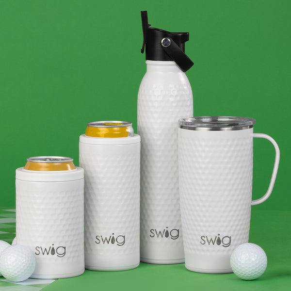 Swig Life Golf Partee collection on a green background next to golf balls
