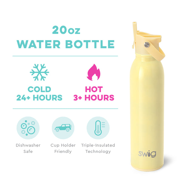 Swig Life 20oz Shimmer Buttercup Insulated Flip + Sip Cap Water Bottle temperature infographic - cold 24+ hours or hot 3+ hours