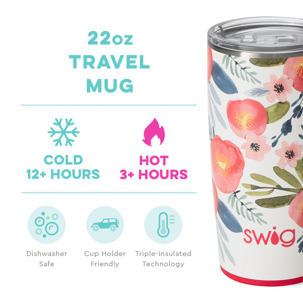 Swig Life 22oz Poppy Fields Travel Mug temperature infographic - cold 12+ hours or hot 3+ hours