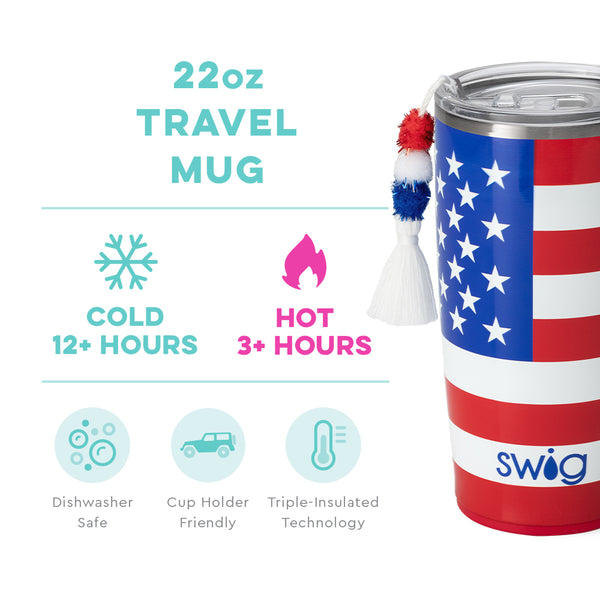 Swig Life 22oz All American Travel Mug temperature infographic - cold 12+ hours or hot 3+ hours