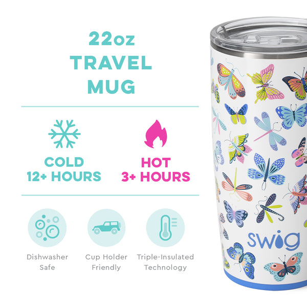 Swig Life 22oz Butterfly Bliss Travel Mug temperature infographic - cold 9+ hours or hot 3+ hours