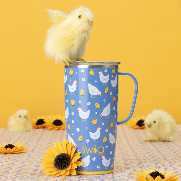 Swig Life Insulated 22oz Chicks Dig It Travel Mug on a yellow background surrounded by baby chicks and flowers