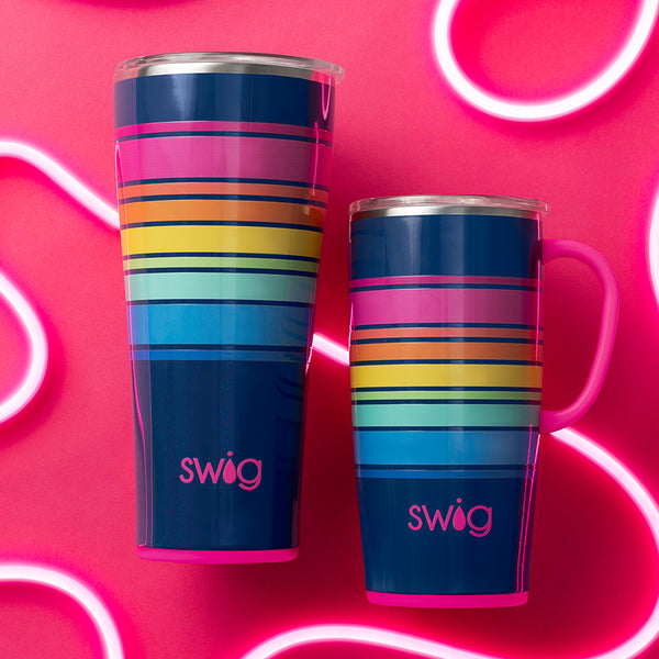 Swig Life Insulated 22oz Travel Mug and 32oz Tumbler in Electric Slide on a bright pink electric background