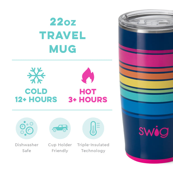Swig Life 22oz Electric Slide Travel Mug temperature infographic - cold 12+ hours or hot 3+ hours