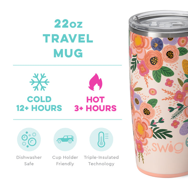 Swig Life 22oz Full Bloom Travel Mug temperature infographic - cold 12+ hours or hot 3+ hours