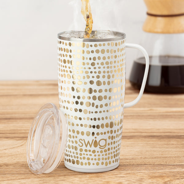 Swig Life Insulated 22oz Glamazon Gold Travel Mug with fresh coffee being poured into it