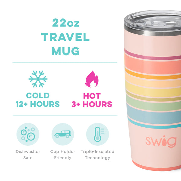 Swig Life 22oz Good Vibrations Travel Mug temperature infographic - cold 12+ hours or hot 3+ hours