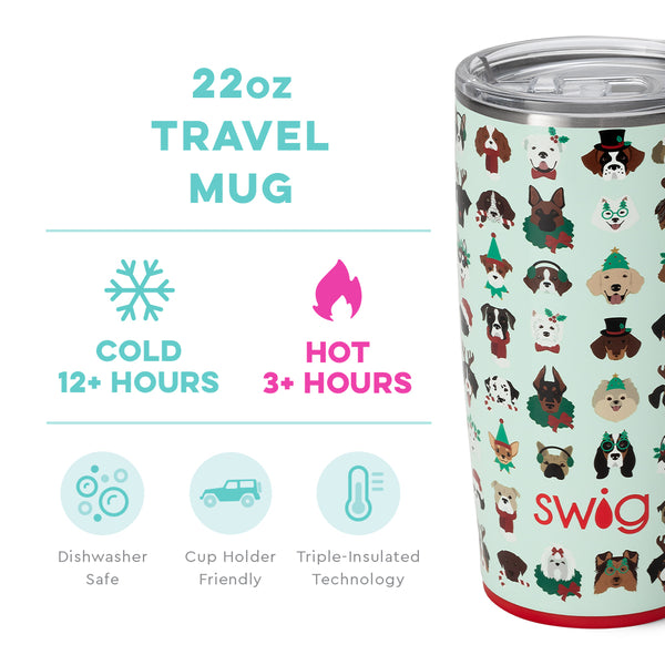 Swig Life 22oz Happy Howlidays Travel Mug temperature infographic - cold 12+ hours or hot 3+ hours