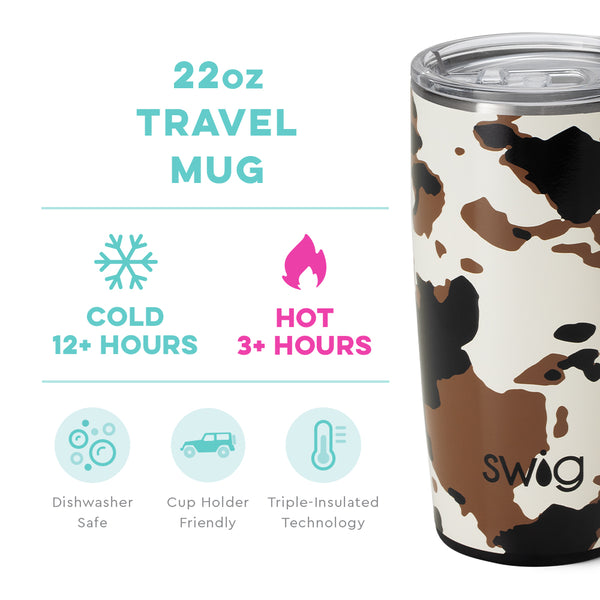 Swig Life 22oz Hayride Cow Print Travel Mug temperature infographic - cold 12+ hours or hot 3+ hours