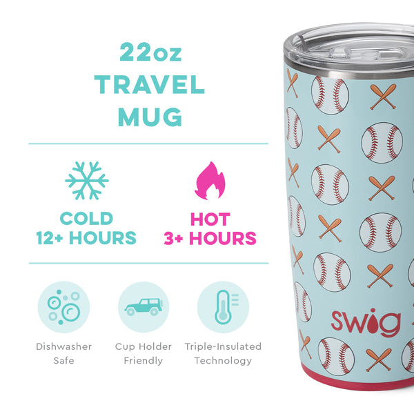 Swig Life 22oz Home Run Travel Mug temperature infographic - cold 12+ hours or hot 3+ hours
