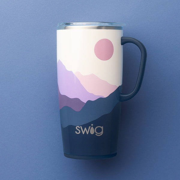 Swig Life Insulated 22oz Moon Shine Travel Mug with handle on a cool blue background