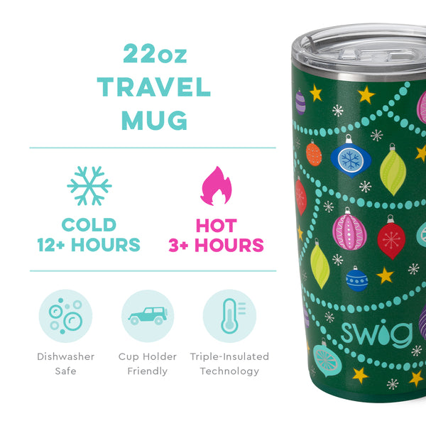 Swig Life 22oz O Christmas Tree Travel Mug temperature infographic - cold 12+ hours or hot 3+ hours