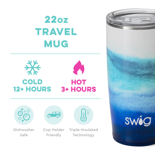 Swig Life 22oz Sapphire Travel Mug temperature infographic - cold 12+ hours or hot 3+ hours