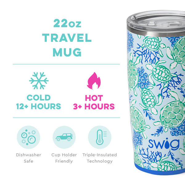 Swig Life 22oz Shell Yeah Travel Mug temperature infographic - cold 12+ hours or hot 3+ hours