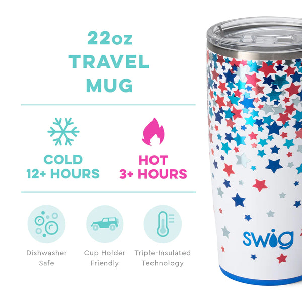 Swig Life 22oz Star Spangled Travel Mug temperature infographic - cold 12+ hours or hot 3+ hours