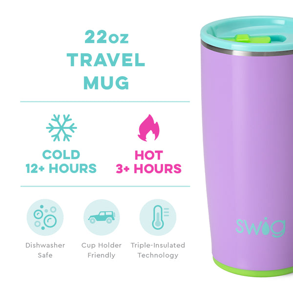 Swig Life 22oz Ultra Violet Travel Mug temperature infographic - cold 12+ hours or hot 3+ hours