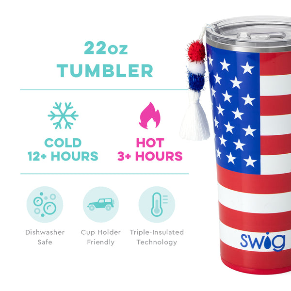 Swig Life 22oz All American Tumbler temperature infographic - cold 12+ hours or hot 3+ hours