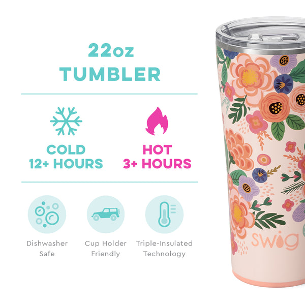 Swig Life 22oz Full Bloom Tumbler temperature infographic - cold 12+ hours or hot 3+ hours